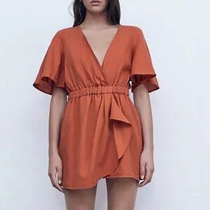 Zara Linen Blend Orange V Nneck Short Sleeves Ruffle Romper